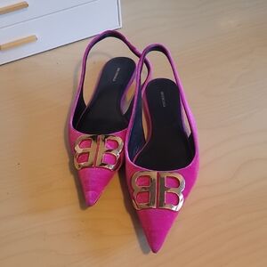 Balenciaga Fuchsia Slingback Heels with Gold Logo